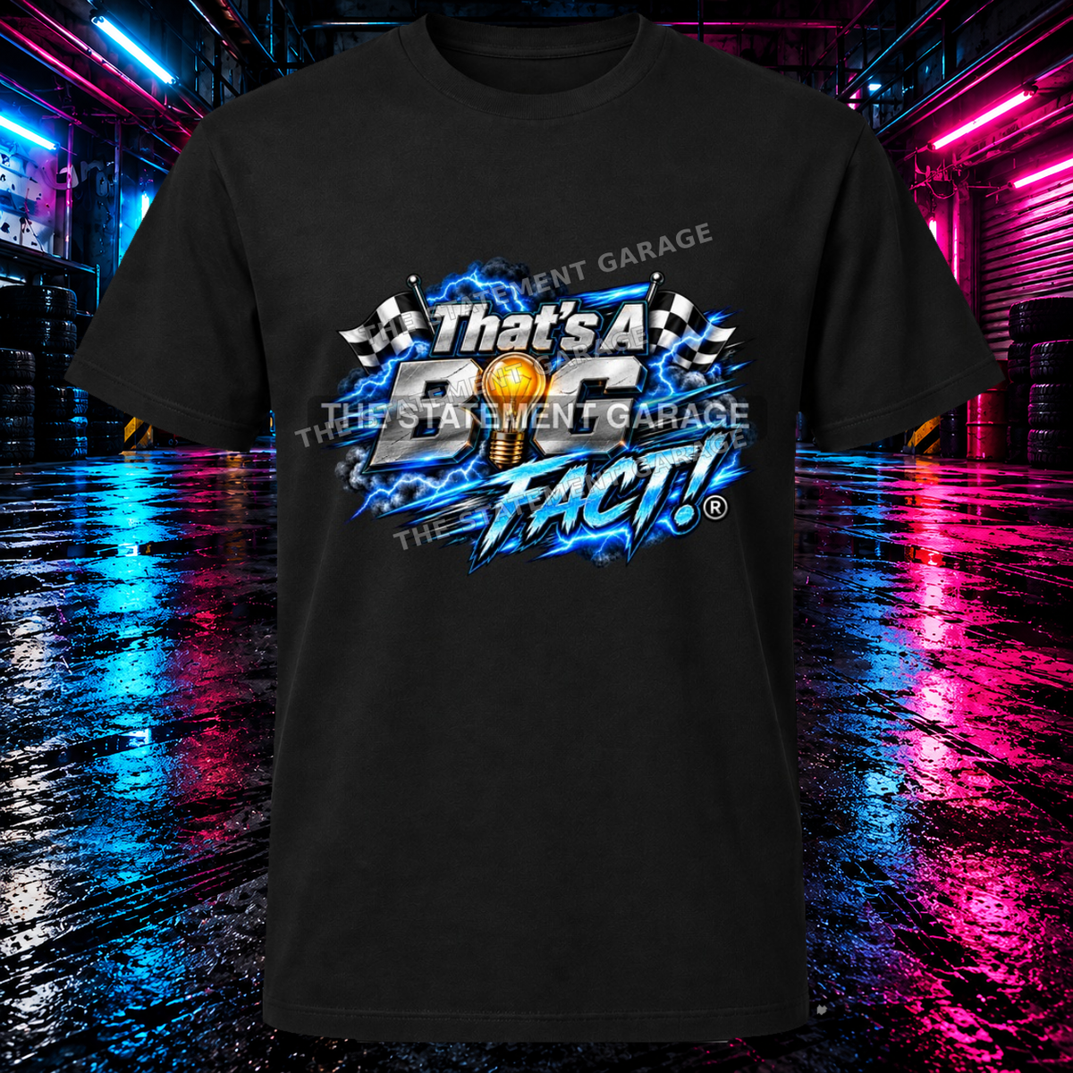 blue lightning shirt display on blue and pink garage background, watermarked over print; actual logo is smaller than preview