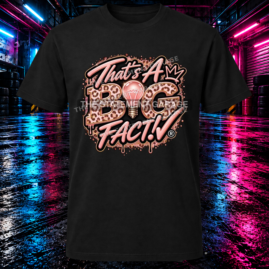 coral pink leopard shirt display on blue and pink garage background, watermarked over print; actual logo is smaller than preview