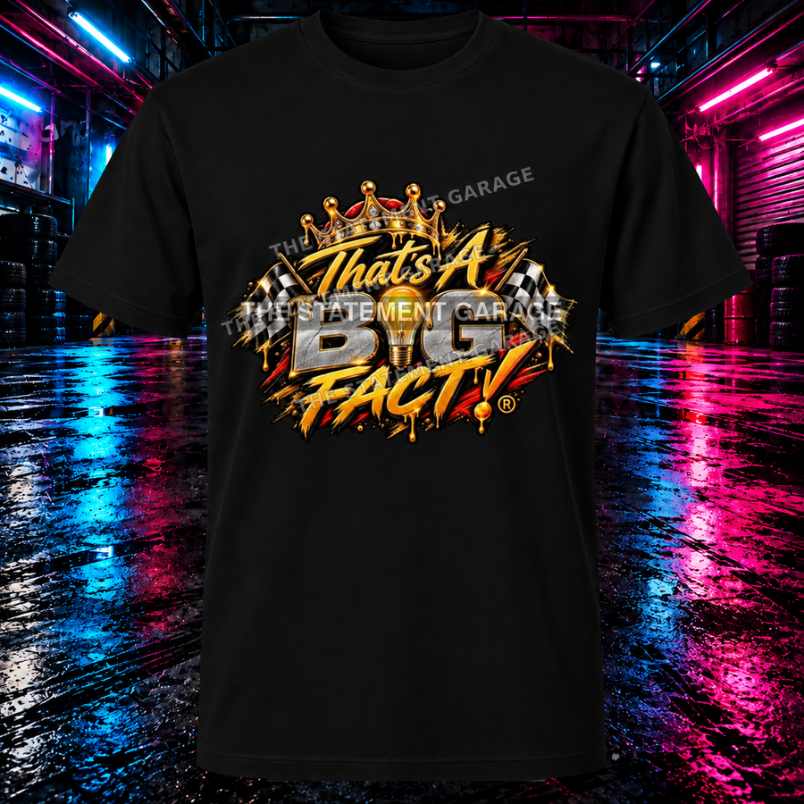 Crown and Flags black shirt digital preview with garage background and design watermarks; actual print smaller than pictured