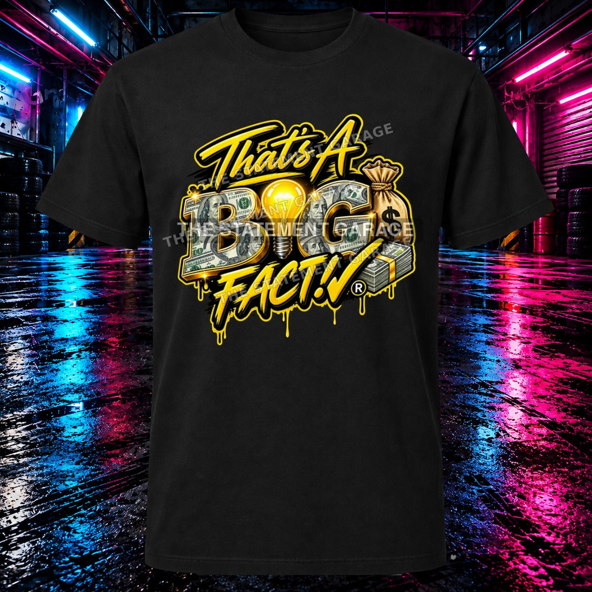 money bag shirt display on blue and pink garage background, watermarked over print; actual logo is smaller than preview