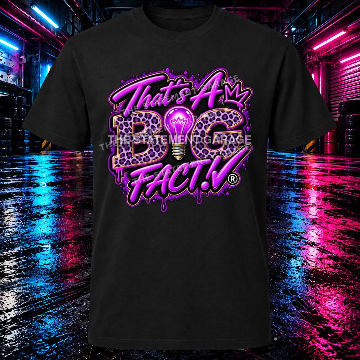 purple leopard shirt display on blue and pink garage background, watermarked over print; actual logo is smaller than preview