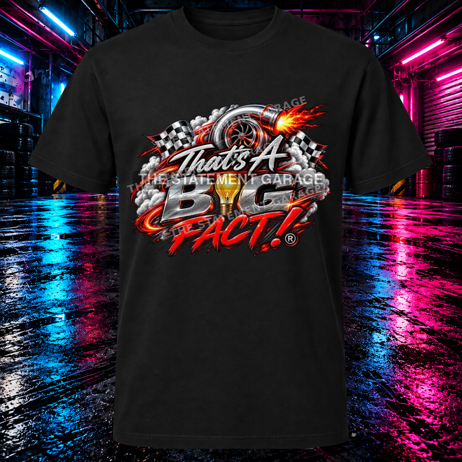 red turbo smoke shirt display on blue and pink garage background, watermarked over print; actual logo is smaller than preview