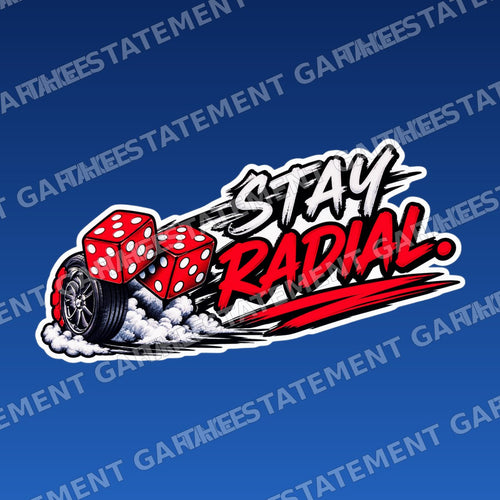 Stay Radial Dice Sticker branded mockup on blue background