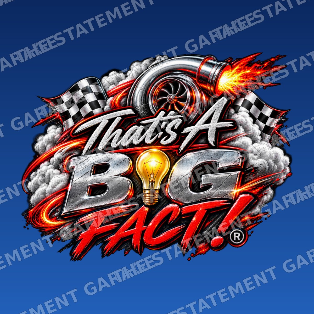 That’s A BIG FACT!® Red Turbo & Smoke Sticker branded mockup on blue background